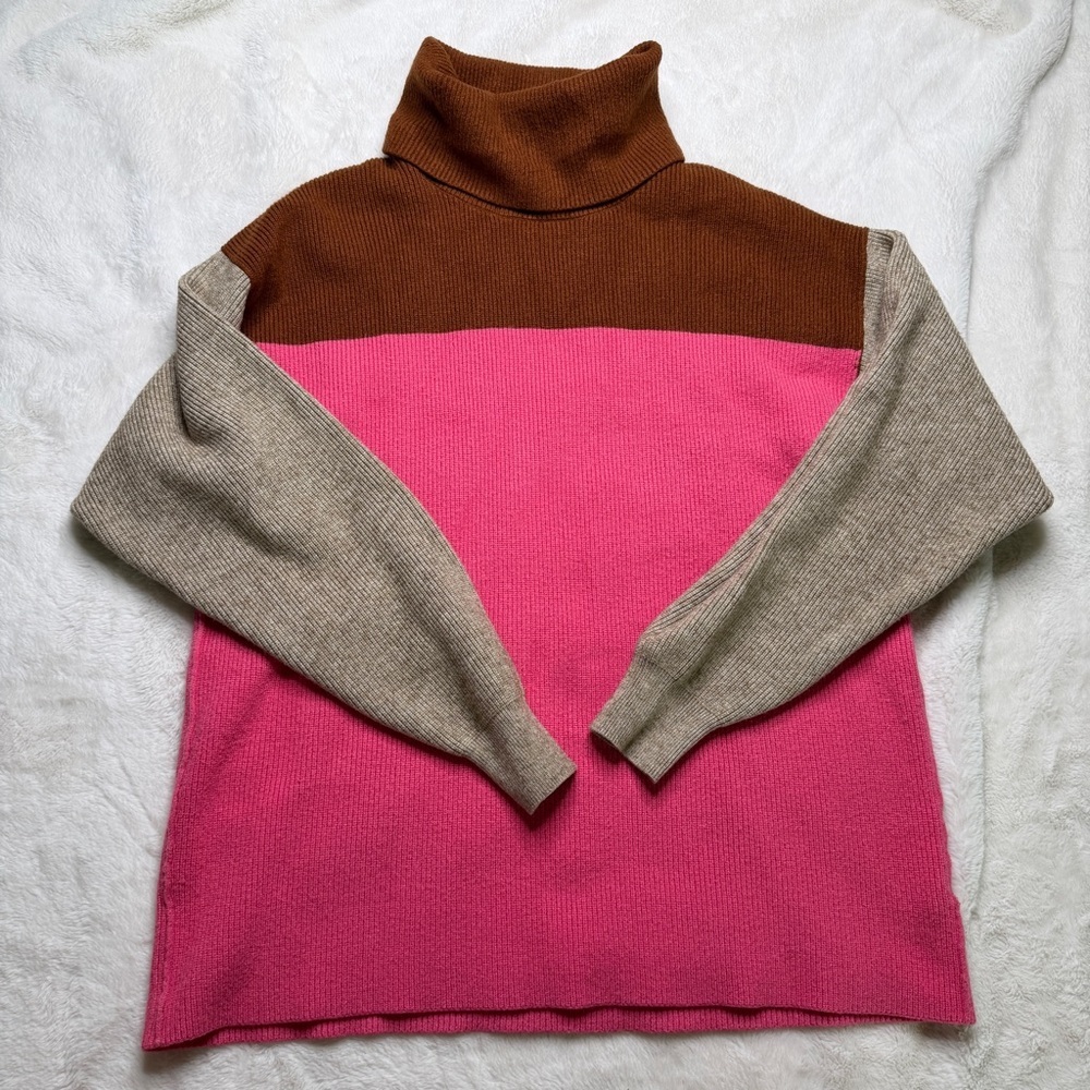 Free People Colorblock Turtleneck Sweater Oversized Pink Brown S - Picture 2 of 6